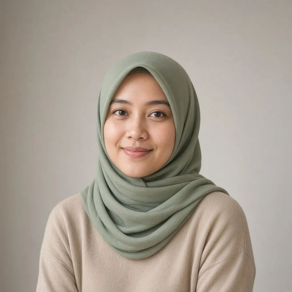 Hana, perempuan berhijab hijau lembut dengan kardigan krem